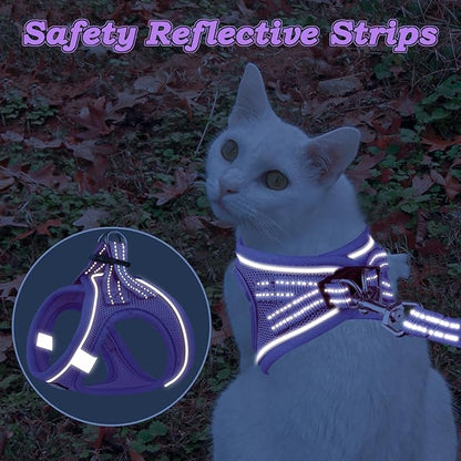Cat Harness and Leash for Walking Escape Proof, Adjustable Kitten Vest Harness Reflective Soft Mesh Puppy Harness for Outdoor, Comfort Fit, Easy to Control (Purple, L)