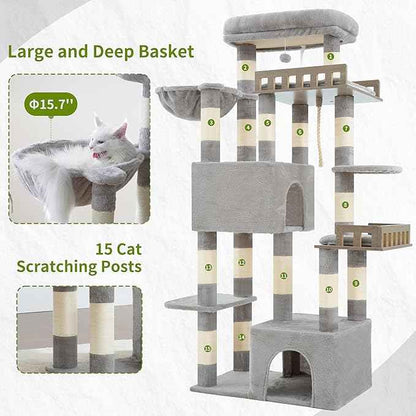 Maine Coon Cat Tree, Heavy Duty Cat Tree for Indoor Cats Large Adult, Cat Tower for Large Cats 20 lbs+ with Hammock, 2 Big Perches, 2 Cat Condos, 15 Scratching Posts, Light Gray GCT033W