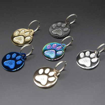 Engraved Pet Tag for Dogs and Cats - Personalized Front & Back up to 4 Lines of Text Custom Engraved ID, Round Paw Print Solid Plating Stainless Steel Rose Gold Small