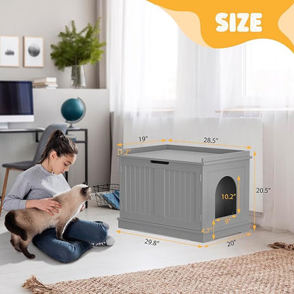 Zeny Cat Litter Box Enclosure Cabinet, Hidden Litter Box Furniture, Modern Wooden Washroom Storage Bench with Divider, Fits Most, Gray