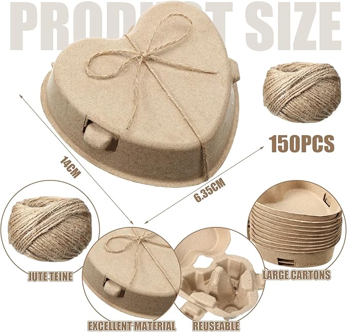 150 Pcs Easter Heart Shaped Eggs Cartons 3 Count Natural Paper Pulp Valentine Egg Cartons with Jute Rope Reusable Cardboard Storage Baskets Holder Tray for Kitchen Holiday Gifts Market Farm
