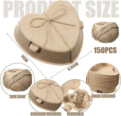 150 Pcs Easter Heart Shaped Eggs Cartons 3 Count Natural Paper Pulp Valentine Egg Cartons with Jute Rope Reusable Cardboard Storage Baskets Holder Tray for Kitchen Holiday Gifts Market Farm