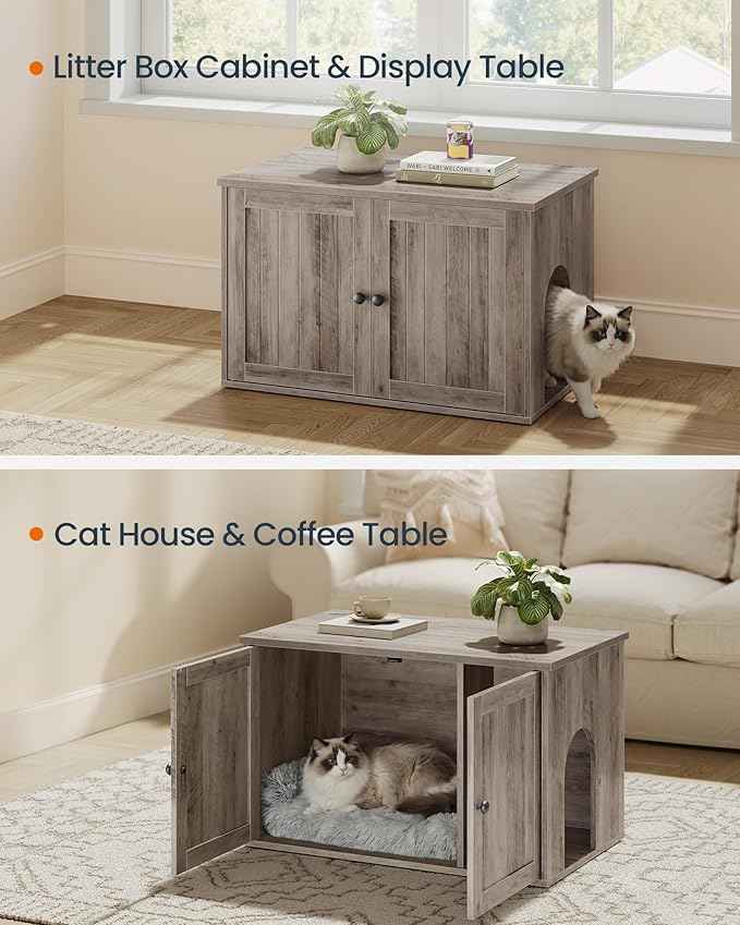 SONGMICS Home Litter Box Enclosure, Superfast Toolless Assembly, Cat Litter Box Furniture, Push-to-Open Doors, Indoor Cat House, Greige UPCL233LK02S