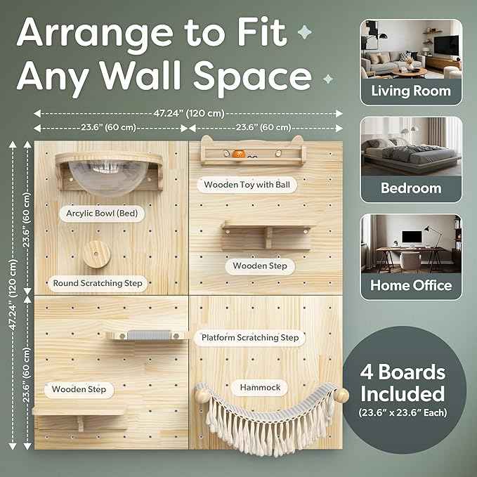 Ardilla & Co. Cat Wall Furniture – Wall-Mounted Modular Wooden Boards with 7 Moveable Accessories, Cat Wall Shelves, Hammock, Climber Steps, Perches, Walkways, Toy & Acrylic Bowl!