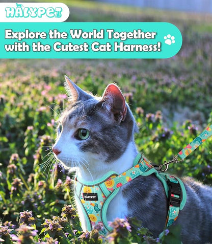Halypet Cat Harness and Leash Set[MAX Safety 4th-Gen] Cute Escape Proof Vest Harness for Girl&Boy Cat Walking, Comfortable Adjustable Leash and Reflective Strips for Outdoor Kitten, S Green Tropics