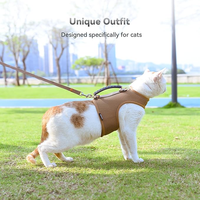 Cat Harness and Leash for Walking Escape Proof Breathable Mesh Fabric, Solid Brown, Medium, Adjustable Cat Walking Jackets with Handle, Padded Stylish Cat Vest