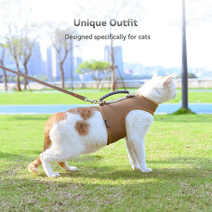 Kitty Harness and Leash for Walking Escape Proof Breathable Mesh Fabric, Solid Brown, X-Small, Adjustable Cat Walking Jackets with Handle, Padded Stylish Cat Vest