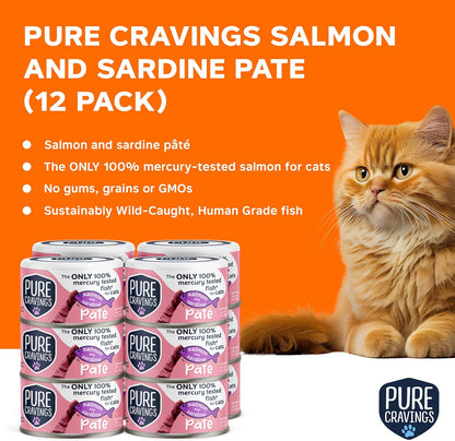 Salmon and Sardine Pate, Canned Wet Cat Food, 100% Mercury-Tested, Moist Can Fish, Grain-Free Protein, Non-GMO, 12 Pack