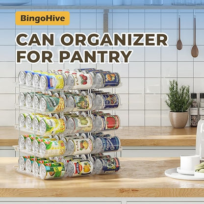 Stackable 5 Tiers Can Organizer Pantry, Canned Food Holder for Fridge Holds 60 Cans, Free Combination & Automatic Rolling, Space Saving Storage for Refrigerator Kitchen Pantry, Clear