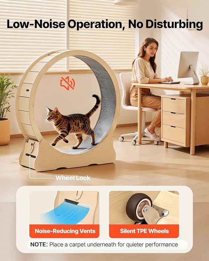 VEVOR Cat Exercise Wheel, 48 in Wooden Cat Running Wheel for Indoor Cats up to 28 lbs, Cats Treadmill with Carpeted Runway & Locking Mechanism, Quiet Roller Kitten Sport Toys for Pets Fitness & Health