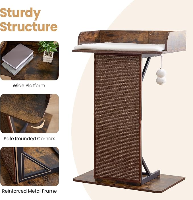 Modern Wood Cat Tree Tower for Indoor Large Cats, 33.8-Inch Tall Wooden Cat Trees with Big Perch Bed, Cat Scratching Pads, Washable Removable Cushions and Scratching Mat, Cat Furniture, Rustic Brown