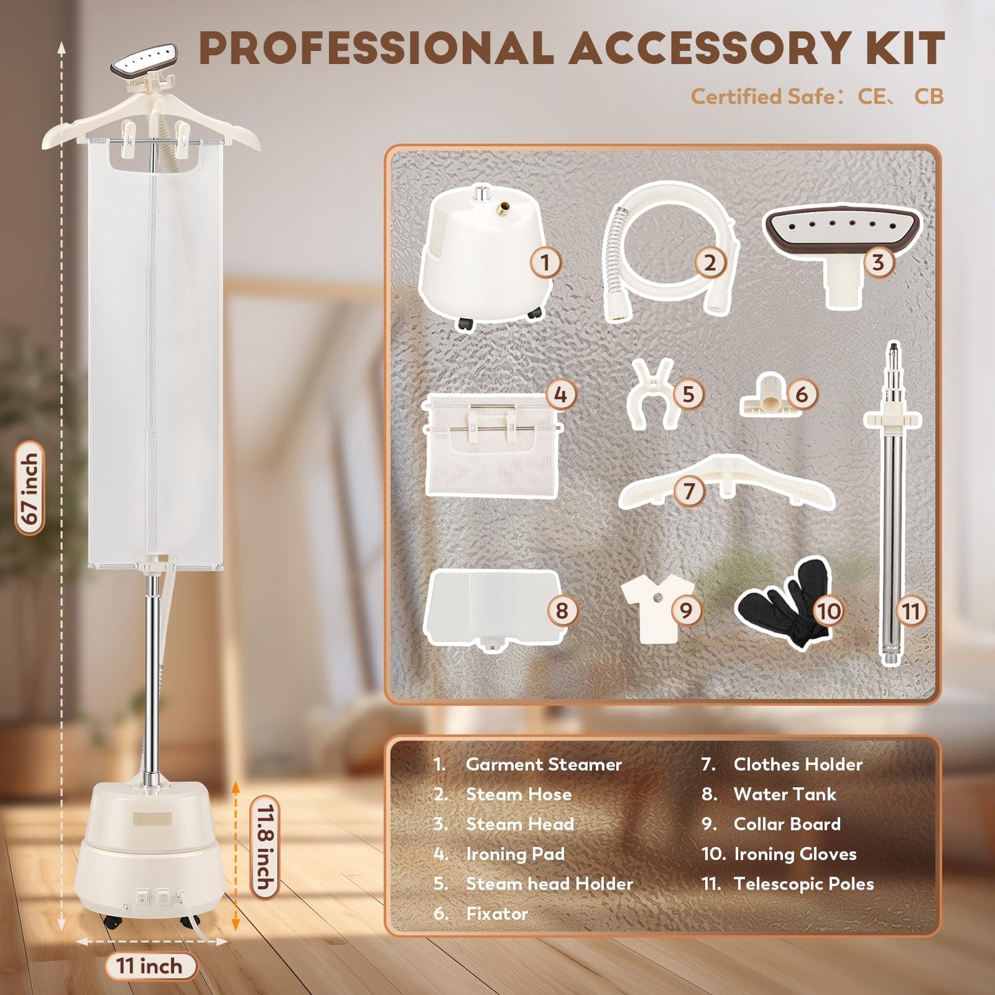 CGOLDENWALL Commercial Upgraded Standing Garment Steamer for Clothes with Drain Port 1650w Continuous 70 mins Powerful Steam 30s Fast Heat-up,Include Fabric brush, Ironing pad, Gloves,Trouser Clips