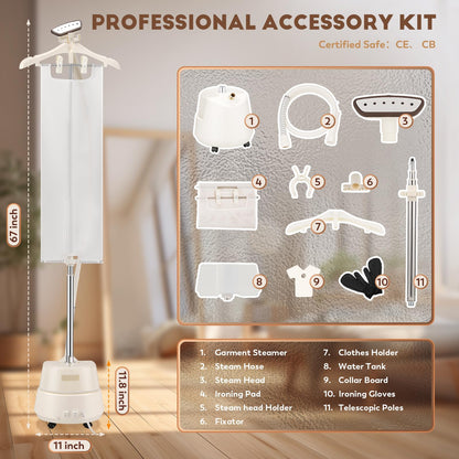CGOLDENWALL Commercial Upgraded Standing Garment Steamer for Clothes with Drain Port 1650w Continuous 70 mins Powerful Steam 30s Fast Heat-up,Include Fabric brush, Ironing pad, Gloves,Trouser Clips