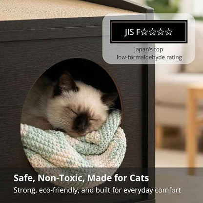 Meowdium Cat House – Cat Condo with Cardboard Scratcher, Scratching Post, Bed & Toy Storage, Cozy Cat Furniture & Accessories for Indoor Cats, Blackwood