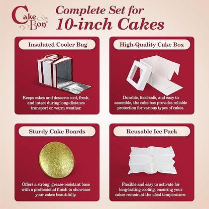 Cakebon Cake Box and Boards, 10-Inch Round Gold Smooth Edges 1/2- Inch Thick Drums with Insulated Bag and Ice Pack – Cake Transport Set, Cooler for Cake Delivery and Transport (1pc Each, 4pcs Total)