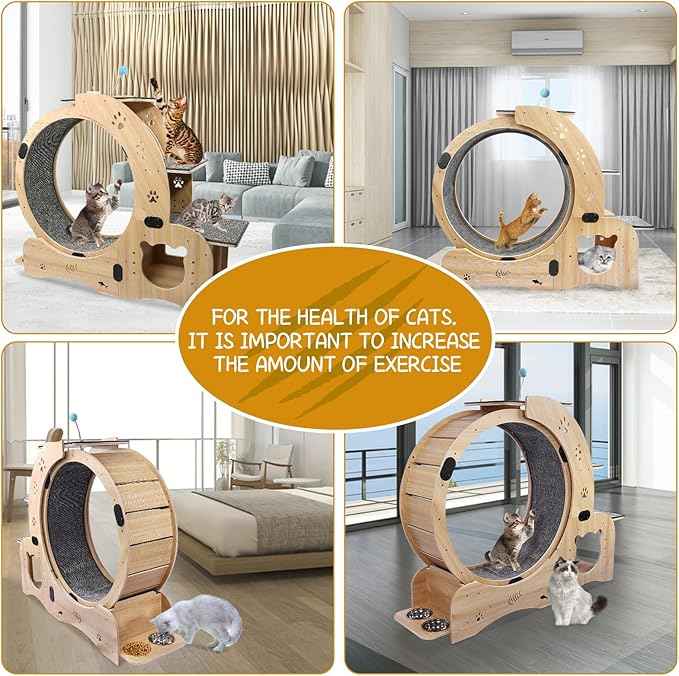 55" cat Wheel，cat Wheels for Indoor Cats，with Cat Bed, Scratching Board, Detachable Mat, Climbing Frame, Nest & Toys,6 in 1 Large Cats Treadmill，for Running/Walking/Training