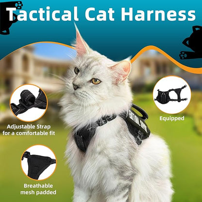Tactical Cat Harness Black for Walking Esacpe Proof,Adjustable Soft Mesh Large Cat Vest with Rubber Handle Easy to Control,Molle Patches XL