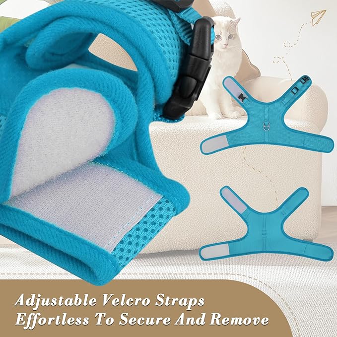 Athena Collection Adjustable Cat Harness with Velcro, Portable Large Sized Cat Vest Harness Breathable Comfy Escape Proof Cat Kitten Harness Pet Supplies for Outdoor Walking Training, Blue