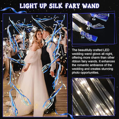 100 Pcs Wedding Wands Ribbon with 3 Colorful Flashing Modes, Light up LED Silk Fairy Wands, Glow Lace Stick with Bells for Wedding Reception, Graduation, New Year, Birthday Party (Blue)