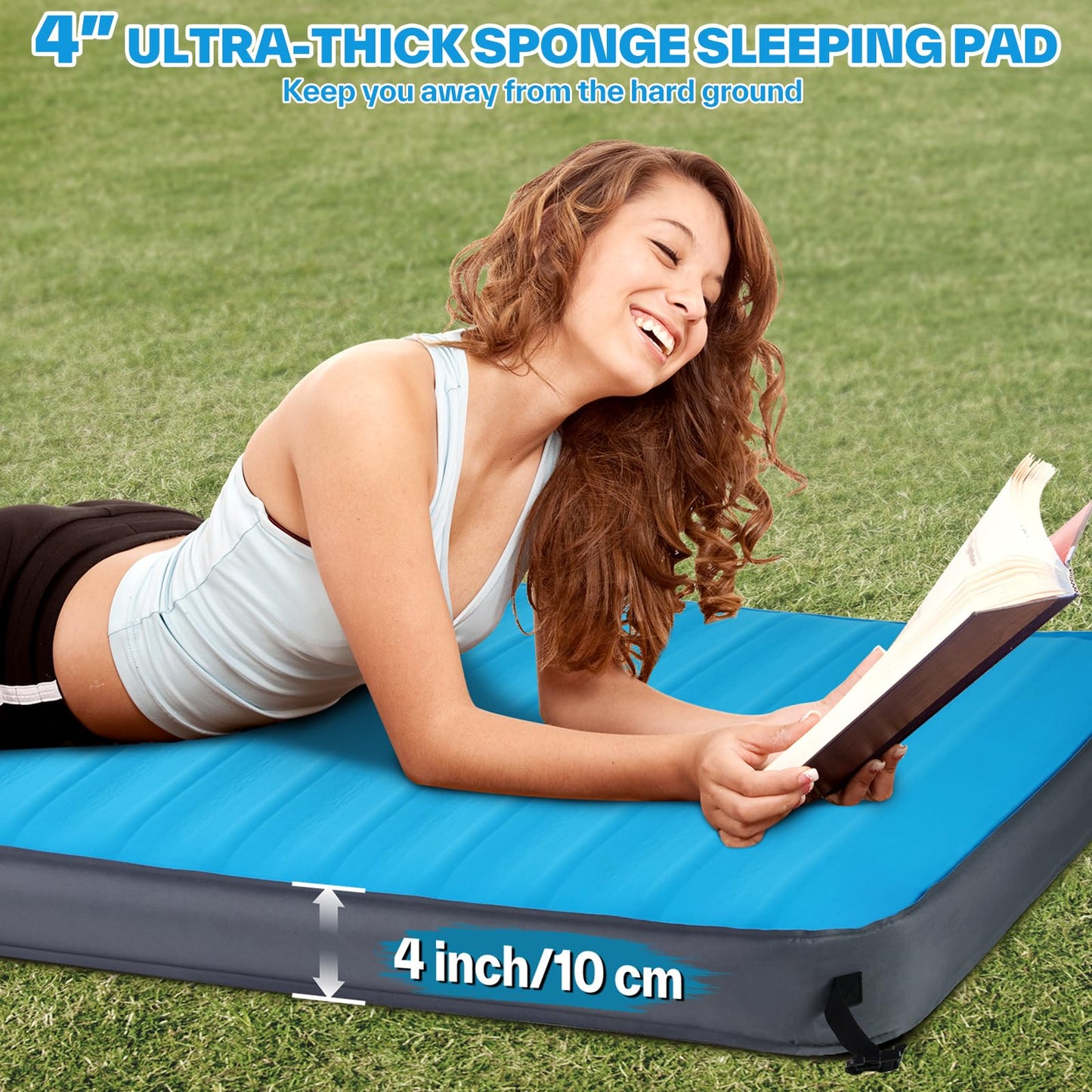 Sportneer Sleeping Pad for Camping: 4" Ultra-Thick Air & Foam Camping Mattress with 10 R Value, 4-Season Large Size 78" x 30" Self-Inflating Sleeping Pad for Camp/Travel/Car/Tent, Easy to Inflate