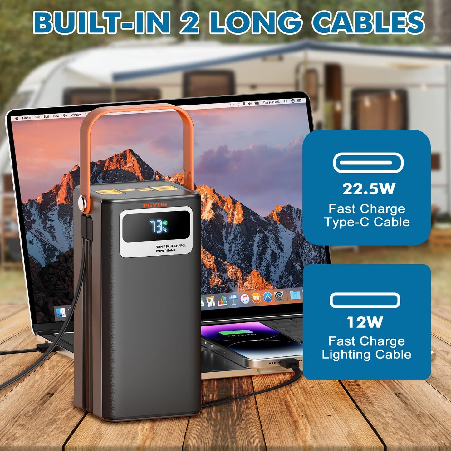 Portable Power Station, 27,000Mah Outdoor Generator With Built In Cable, Portable Power Bank Backup Battery For Phone Charge, Tr