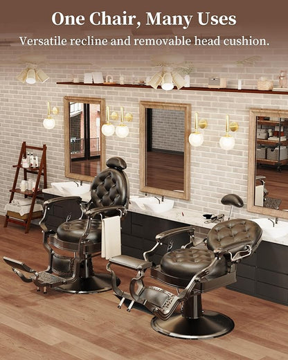 Baasha Classic All-Black Barber Chair, Retro Reclining Salon Chair with Thick Padding & Adjustable Headrest, Heavy-Duty Construction, Tattoo & Hair Chair