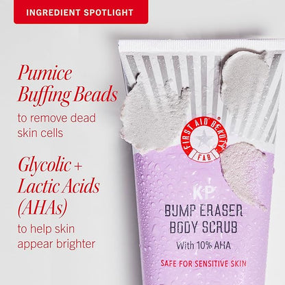 First Aid Beauty KP Bump Eraser Body Scrub with 10% AHA, Keratosis Pilaris Skin Exfoliator with Glycolic and Lactic acids, Helps Reduce Chicken Bumps, Safe for Sensitive Skin, 8 oz
