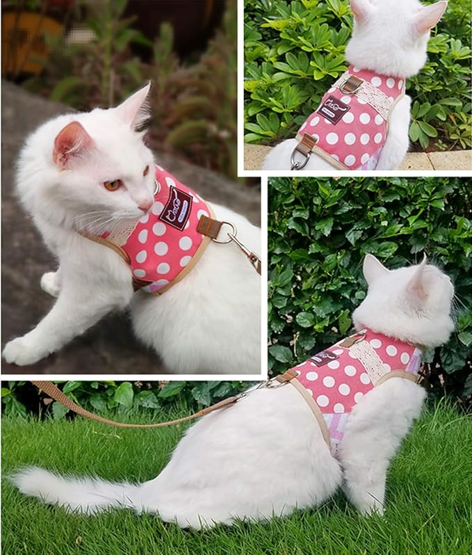 Cat Harness and Leash for Walking Escape Proof, Adjustable Cat Walking Jackets, Padded Stylish Cat Vest Polka Dot Pink, Large