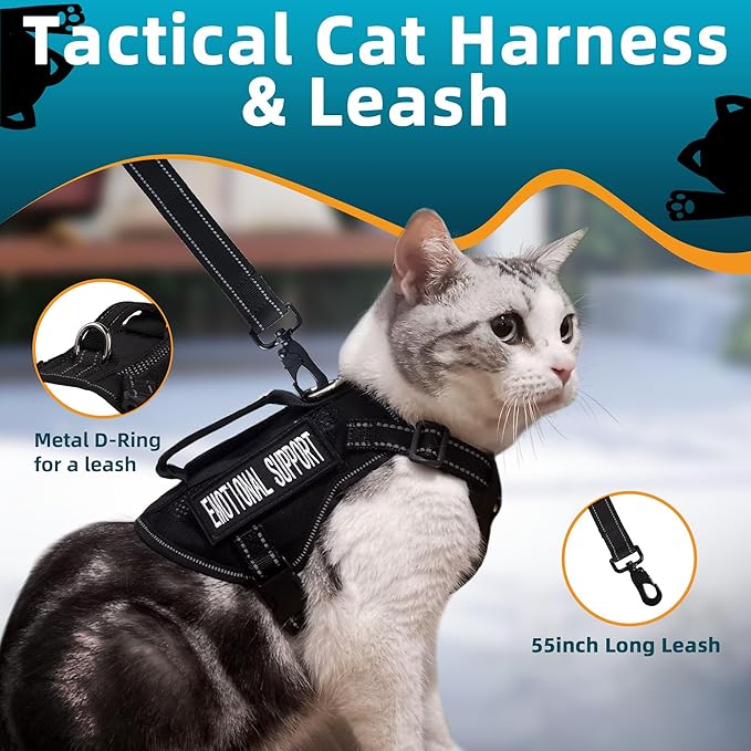 Tactical Cat Harness Black for Walking Esacpe Proof,Adjustable Soft Mesh Large Cat Vest with Rubber Handle Easy to Control,Molle Patches XL