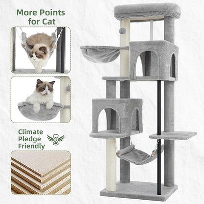 51.2'' Cat Tree Tower, Cat Tower with Scratching Post, Sturdy Steel Pube Cat Tree for Inoor Cats Large Adult, Cat Hammock and Basket, Padding Top Platform, Light Gray GCT014W