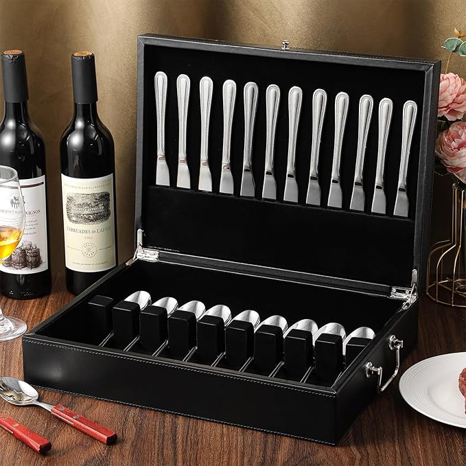 Leather Silverware Storage Box Flatware Storage Case with Felt Lined Leather Flatware Chest Silverware Organizer with Lid for Tableware Utensils Silver(1 Layer)