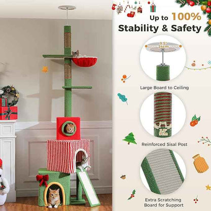 PEQULTI 83-108'' Floor to Ceiling Cat Tree for Large Adult Cats, Christmas Cat Tower with Adjustable Height with 3 Large Condos, Plush Hammock, Thick Scratching Posts, Red/Green