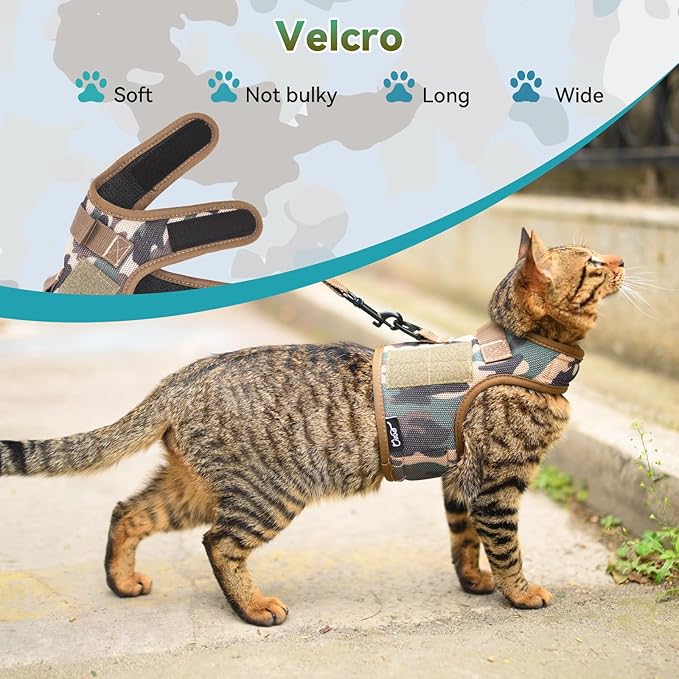 Tactical Kitty Harness and Leash for Walking Escape Proof Breathable Mesh Fabric, Green Jungle Camo, X-Small, Adjustable Cat Walking Jackets, Padded Stylish Cat Vest