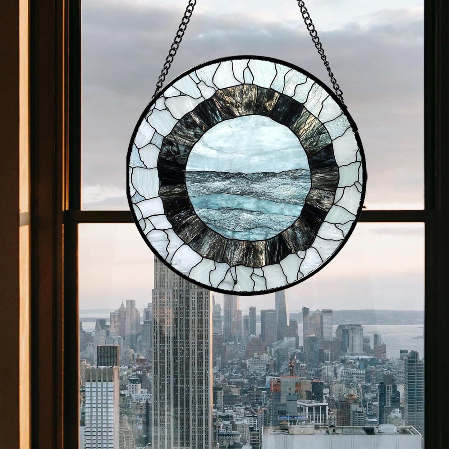Stained Glass Window Hanging - Abstract Sea Surface Suncatcher for Doors Garden Patio Round Sun Catchers Decor Christmas Mother's Day Birthday Gifts for Women Men Mom Nana Friend 6.3 in