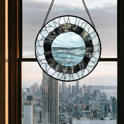 Stained Glass Window Hanging - Abstract Sea Surface Suncatcher for Doors Garden Patio Round Sun Catchers Decor Christmas Mother's Day Birthday Gifts for Women Men Mom Nana Friend 6.3 in