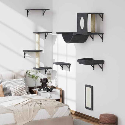 NUNU LAB Wall Mounted Cat Climber Set, 6 Pcs Cat Furniture Set with House, Bridge, Steps, Scratcher Board and Hammock, Shelves for Indoor, Luxury Walls Furniture(Dark)