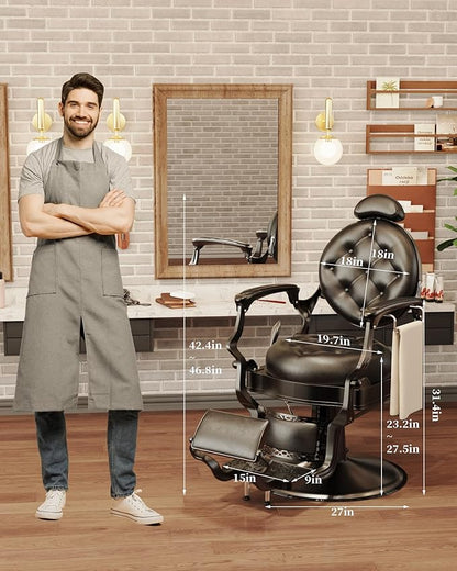 Baasha Classic All-Black Barber Chair, Retro Reclining Salon Chair with Thick Padding & Adjustable Headrest, Heavy-Duty Construction, Tattoo & Hair Chair