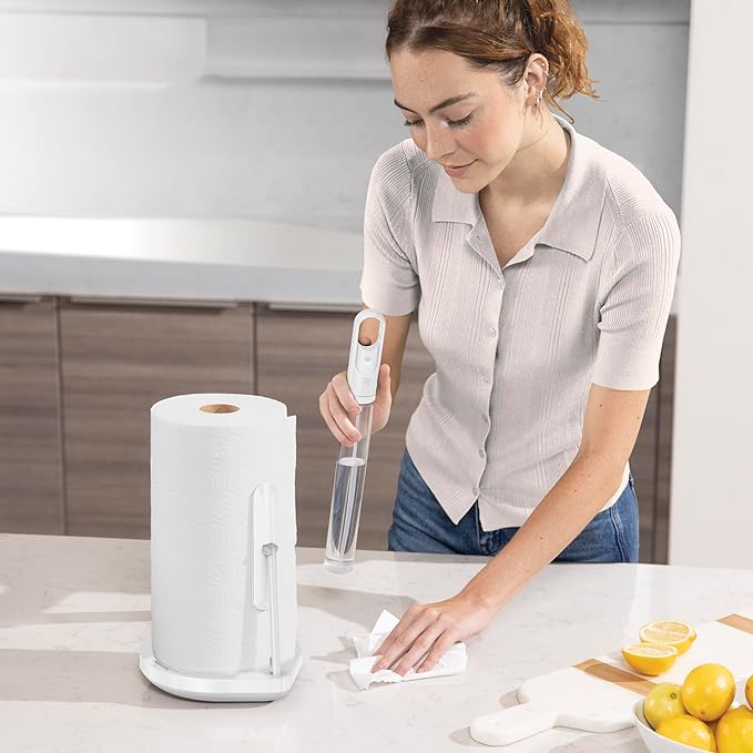 simplehuman Standing Paper Towel Holder with Spray Pump, White Stainless Steel