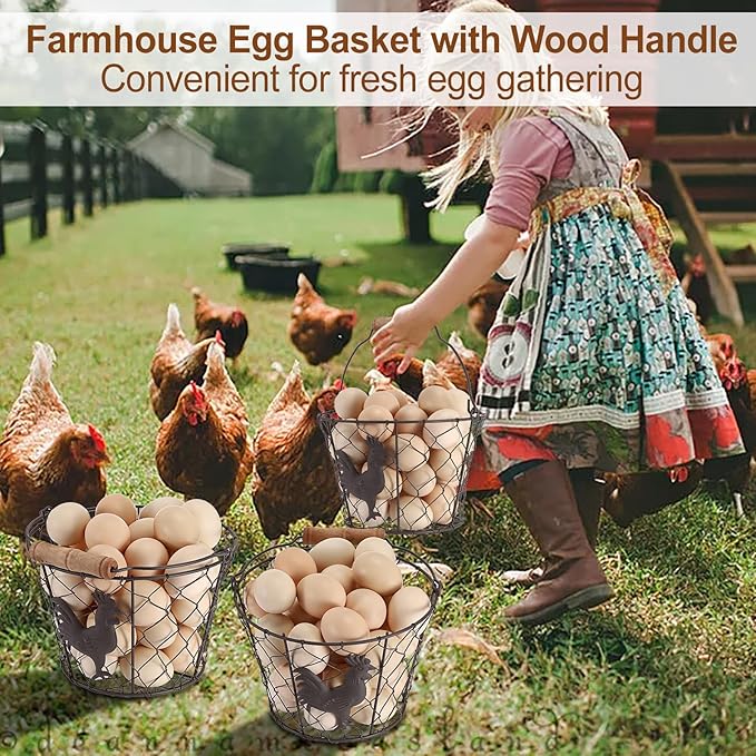 3 PCS 8’’ Farmhouse Egg Collecting Basket with Wood Handle, Rustic Metal Wire Chicken Eggs Holder Basket for Countertop Kitchen, Wire Egg Basket Vintage Style, Round, Rooster Pattern