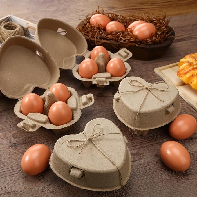 150 Pcs Easter Heart Shaped Eggs Cartons 3 Count Natural Paper Pulp Valentine Egg Cartons with Jute Rope Reusable Cardboard Storage Baskets Holder Tray for Kitchen Holiday Gifts Market Farm