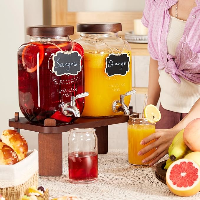 2PCS Large Drink Dispensers for Parties,Glass Beverage Dispenser with Wood Stand,Lemonade Drink Dispenser with Stainless Steel Spigot for Fridge,Water, Juice,Punch,Cocktails,Ice Tea & Sun Tea