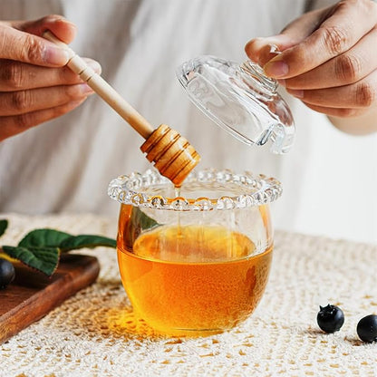 kanpura Honey Pot with Dipper and Lid, 6oz Mini Glass Honey Jar, Crystal Syrup Dispenser for Christmas Home Kitchen Decor