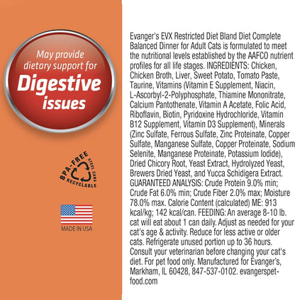 Evanger's EVX Restricted Diet Bland Diet Canned Cat Food – 24 Count, 5.5 oz Each – Chicken & Sweet Potato Recipe with Prebiotics & Postbiotics for Digestive, Microbiome & Gut Health Support