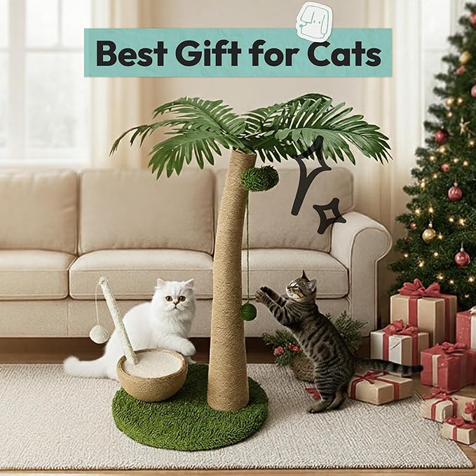 Cat Scratching Post 33 Inch Palm Tree with Hanging Balls and Coconut Straw Toy, Cat Scratcher for Indoor Kittens, Extra Stable Base, Paw-Friendly Jute Material, L