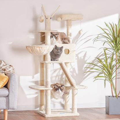 Hey-brother Cat Tree, 61 inch Cat Tower for Indoor Cats, Cat House with Padded Platform Bed, Toy Balls, Large Cozy Condo, Hammocks and Sisal Scratching Posts, Beige 0MPJ019M