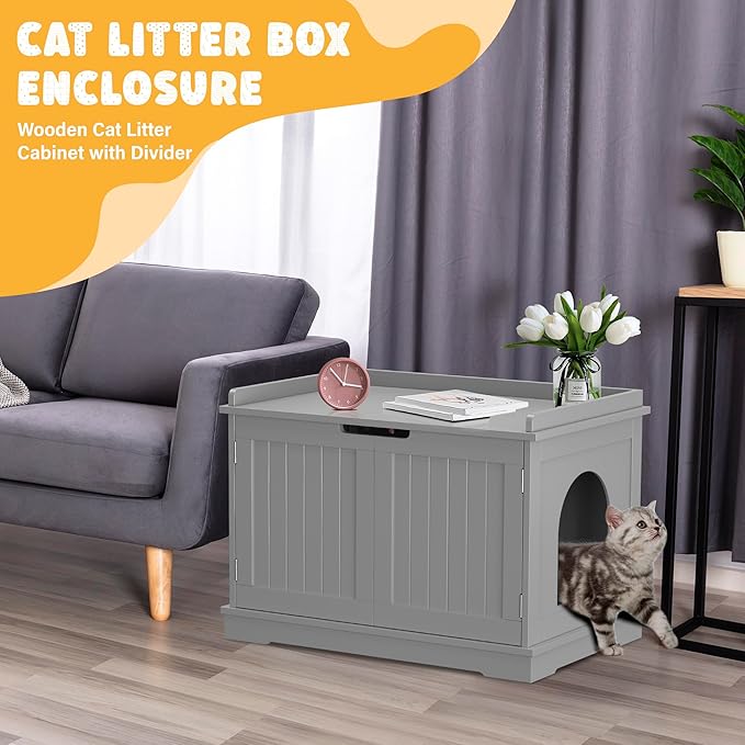 Zeny Cat Litter Box Enclosure Cabinet, Hidden Litter Box Furniture, Modern Wooden Washroom Storage Bench with Divider, Fits Most, Gray