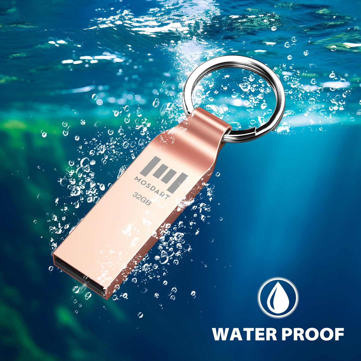 Mosdart Waterproof 32Gb Usb2.0 Flash Drive, Fat32 Metal Memory Stick With Keychain, For System Back, Data Storage, Rose Gold(Pac