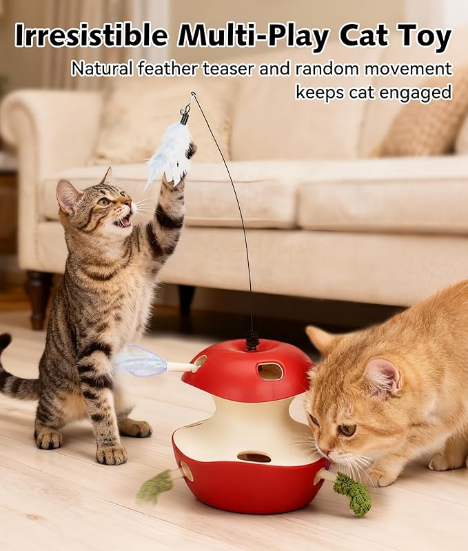 Joytale Interactive Cat Toy for Bored Indoor Cats, Automatic 10-Hole Whack A Mole Apple Toy, 2-in-1 Electric Motion Sensor Toy with Teaser Wand, USB Rechargeable, Boredom Relief, Red