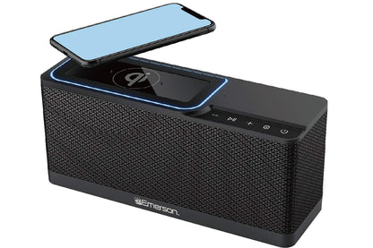 Emerson Er-Btw100 Portable Bluetooth Speaker With 20 Watt Stereo, Qi Wireless Charging, Hands Free Calling And Additional Usb Ch