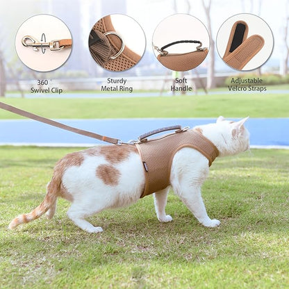 Cat Harness and Leash for Walking Escape Proof Breathable Mesh Fabric, Solid Brown, Medium, Adjustable Cat Walking Jackets with Handle, Padded Stylish Cat Vest